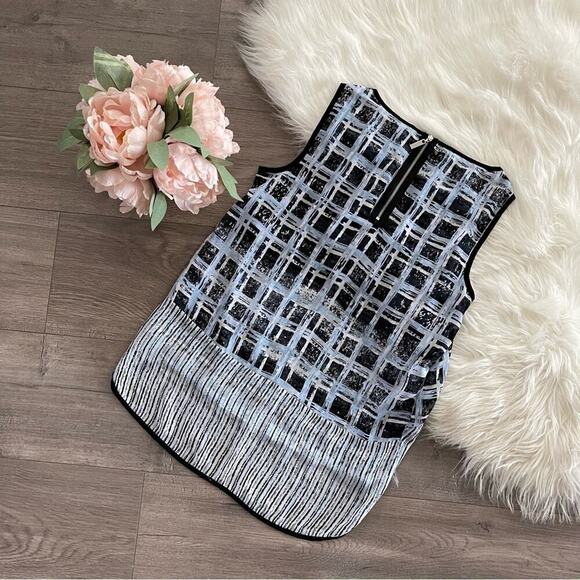 Alfani Light Blue Grid Splice High Low Blouse 2 Petite - Picture 4 of 5